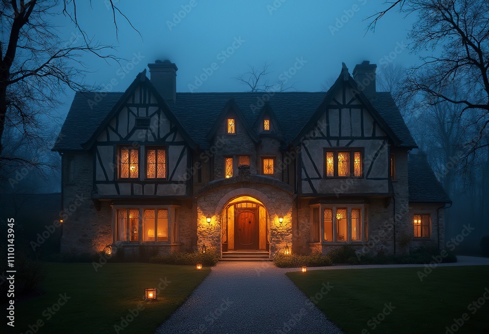 A medieval-style castle or manor house at night, with warm lighting illuminating the stone walls, turrets, and surrounding buildings A medieval-style castle or manor house at night, with warm lighting illuminating the stone walls, turrets, and surrounding buildings