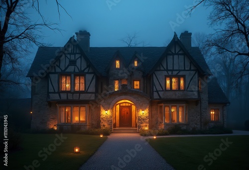 A medieval-style castle or manor house at night, with warm lighting illuminating the stone walls, turrets, and surrounding buildings