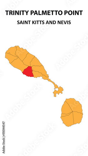 Trinity Palmetto Point Map is highlighted on the Saint Kitts and Nevis map with detailed state and region outlines.