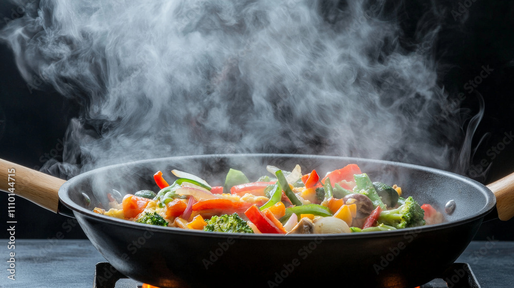 Steam rises from colorful veggie stir fry in pan Steam rises from colorful veggie stir fry in pan