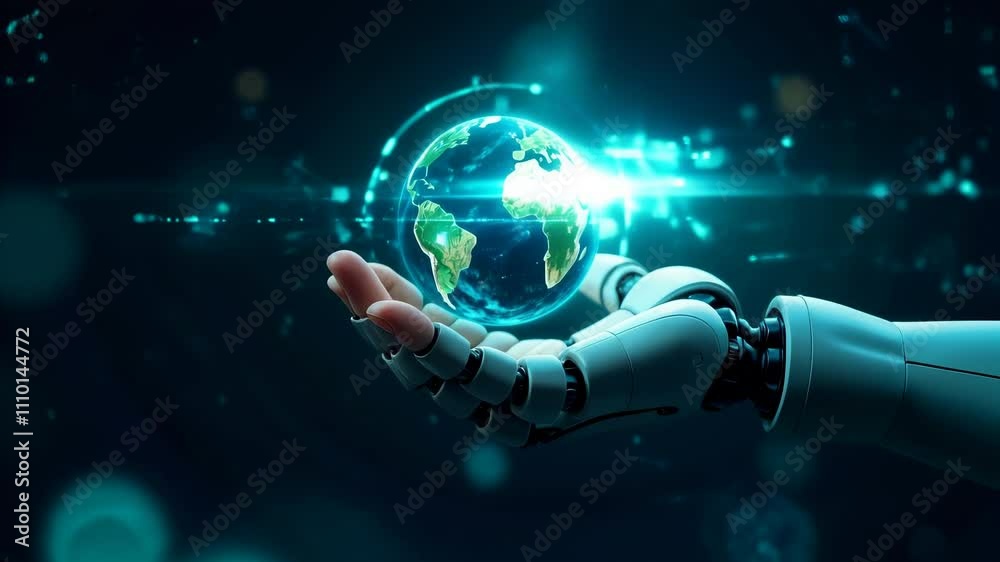 Close-up of AI robot hands holding a glowing Earth, symbolizing business strategies and sustainable development. Diagrams and graphs are projected in the background, highlighting technological and bus