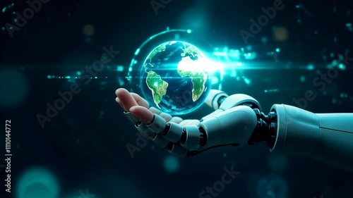 Close-up of AI robot hands holding a glowing Earth, symbolizing business strategies and sustainable development. Diagrams and graphs are projected in the background, highlighting technological and bus