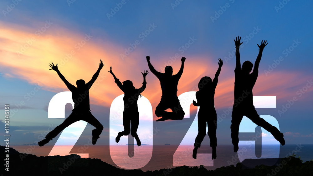 Fototapeta premium Silhouette happy business teamwork jumping congratulation and celebrate in Happy New year 2025 for change new life future concept. Freedom lifestyle group people team jump part of Number 2025 success