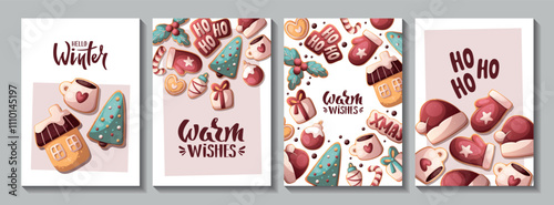 Christmas and New Year card set with gingerbread cookies. Vector illustration for greeting cards, banners, posters, postcard.