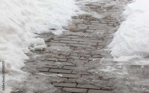 A brick walkway is covered in snow and ice photo