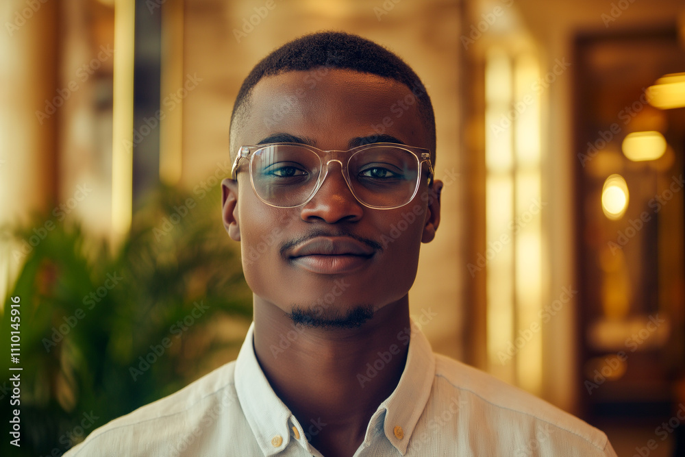 Man with glasses smiling warmly in elegant interior setting Man with glasses smiling warmly in elegant interior setting