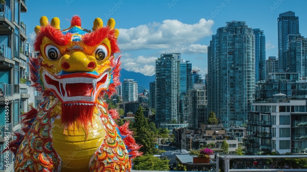 Fototapeta premium A vibrant Chinese dragon statue against a modern cityscape.