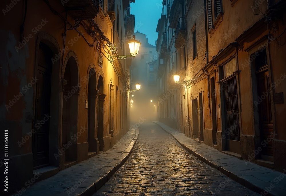 A narrow street in a European city at night, with old buildings lining the sides and street lamps illuminating the scene A narrow street in a European city at night, with old buildings lining the sides and street lamps illuminating the scene
