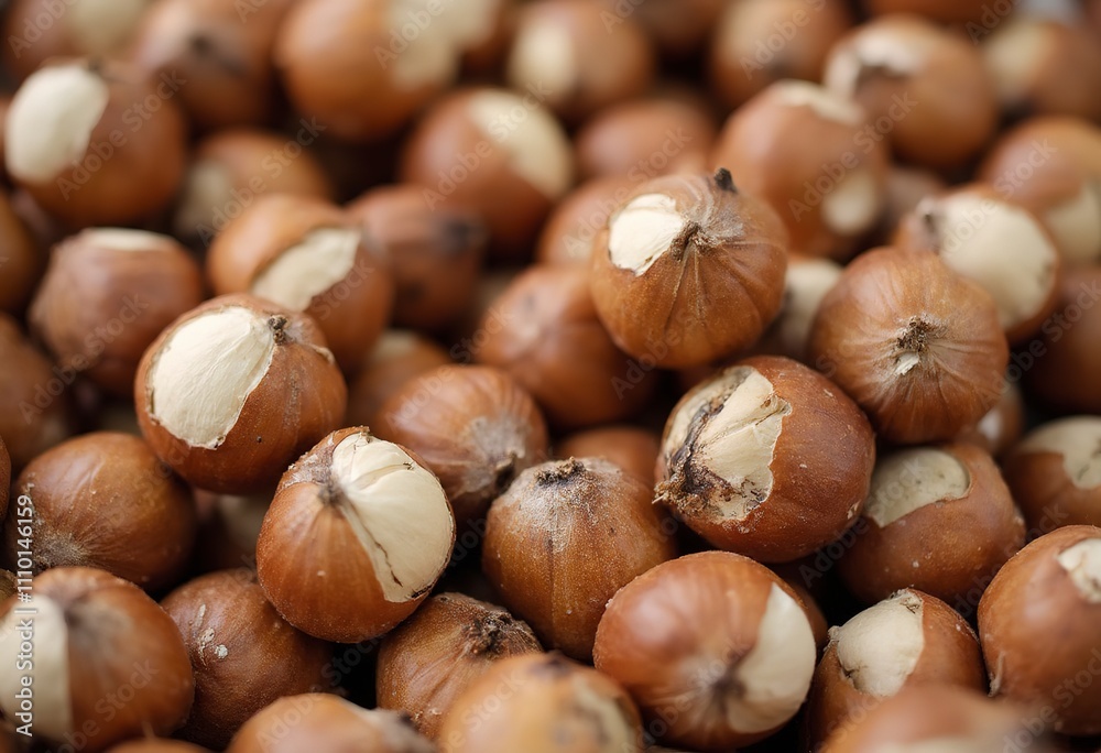 A pile of whole hazelnuts with their shells on, showing their light brown and tan colors A pile of whole hazelnuts with their shells on, showing their light brown and tan colors