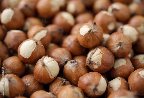 A pile of whole hazelnuts with their shells on, showing their light brown and tan colors