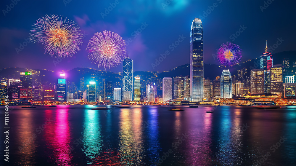 Obraz premium A city skyline illuminated by fireworks, with shimmering reflections on glass skyscrapers and festive lights twinkling throughout the urban landscape. 