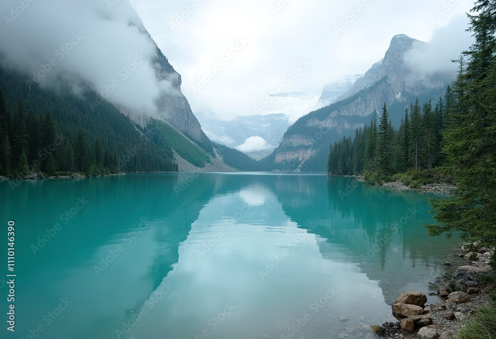 A serene turquoise lake surrounded by lush green pine forests and misty mountains in the background A serene turquoise lake surrounded by lush green pine forests and misty mountains in the background
