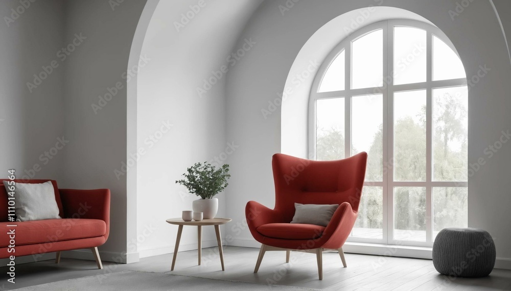 Elegant minimalist living room with red and gray armchairs, a small coffee table, and arched windows, capturing a cozy and modern aesthetic. Elegant minimalist living room with red and gray armchairs, a small coffee table, and arched windows, capturing a cozy and modern aesthetic.