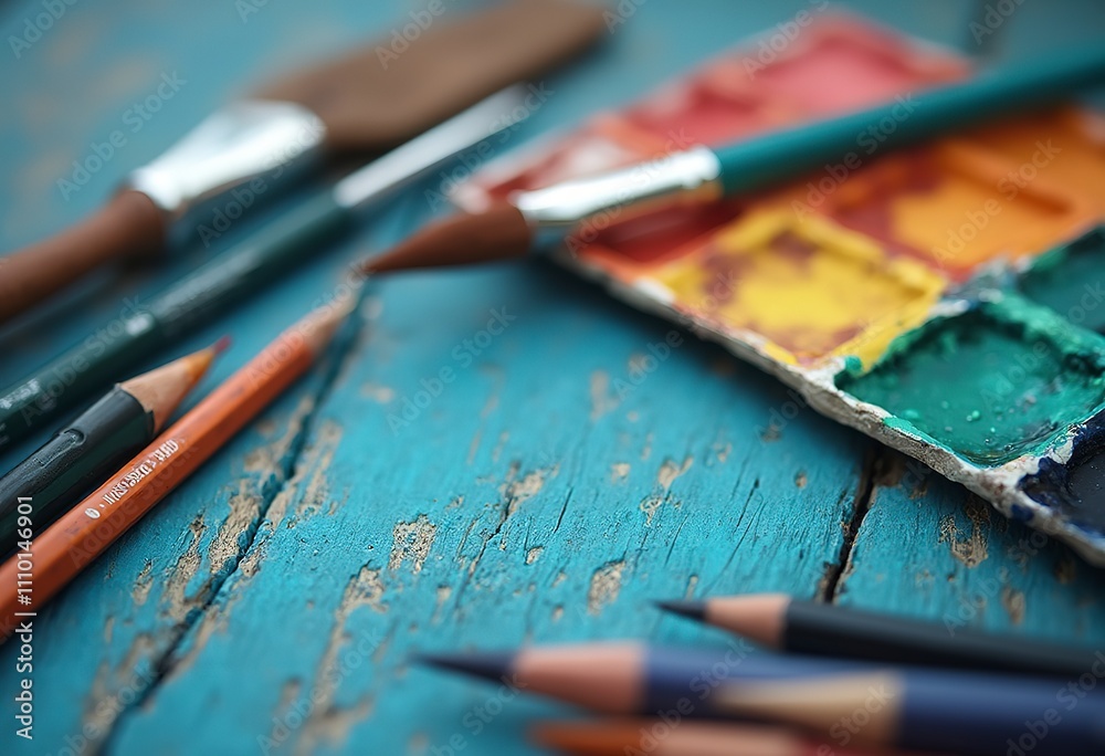 Fototapeta premium Colorful art supplies including paintbrushes, colored pencils, and a watercolor palette on a plain background