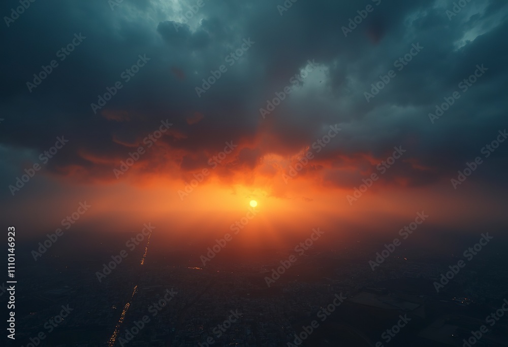 Dramatic cloudy sky with sunbeams breaking through the clouds at sunset Dramatic cloudy sky with sunbeams breaking through the clouds at sunset