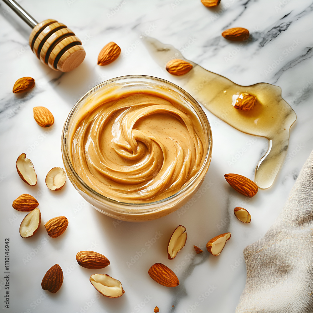 Creamy almond butter in a glass jar surrounded by almonds and honey on a marble surface Creamy almond butter in a glass jar surrounded by almonds and honey on a marble surface