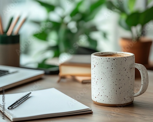 Coffee mug on a wooden desk with plants. Productive Home office aesthetic