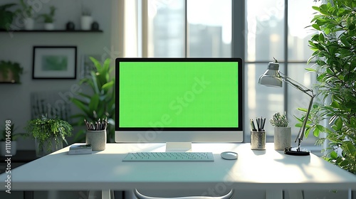 Bright workspace with green screen monitor. Productive Home office aesthetic