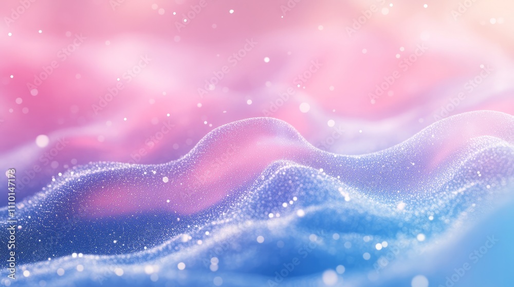 An abstract holographic gradient with flowing particle waves in shades of blue and pink, creating a calm digital wallpaper