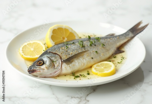 Herring with salt, pepper, herbs and lemon on white ceramic plate on white background