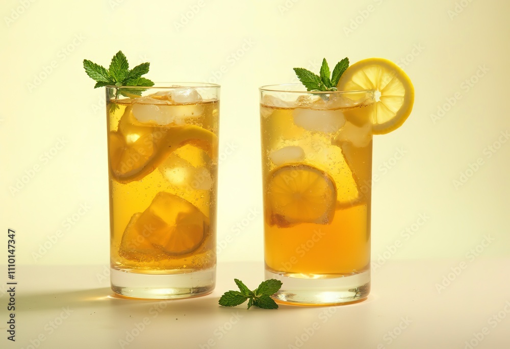 Two glasses of iced tea or lemonade with lemon slices and mint leaves, on a light background Two glasses of iced tea or lemonade with lemon slices and mint leaves, on a light background