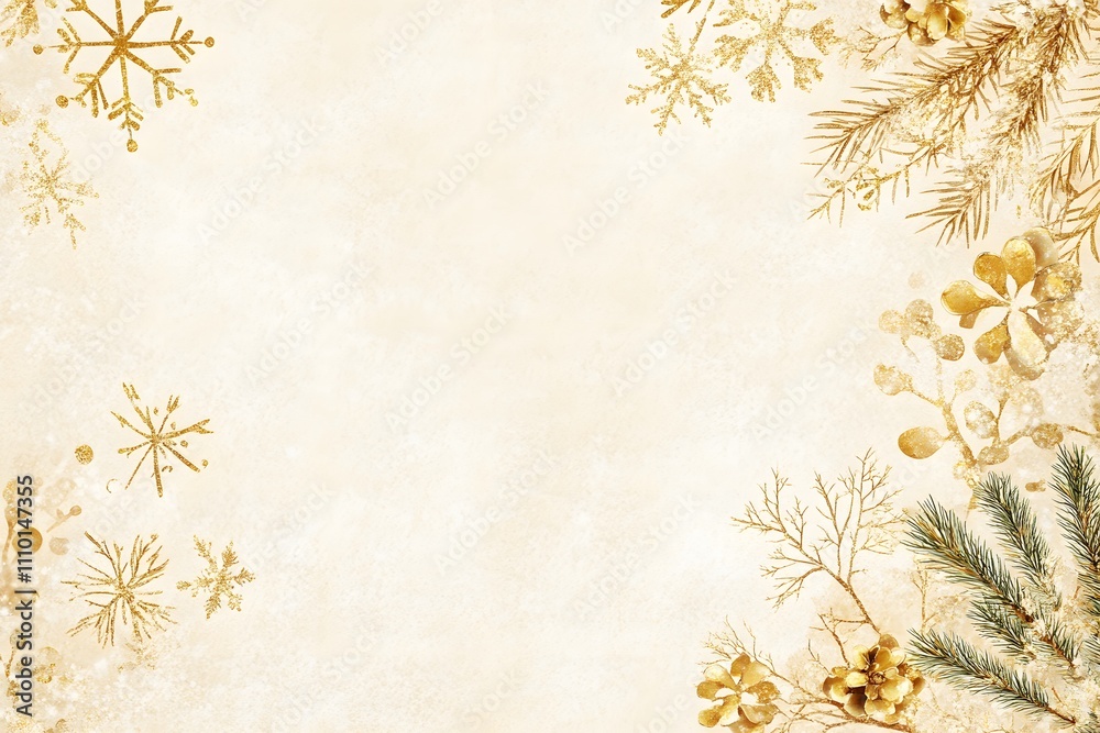 Obraz premium Elegant pearl and gold border with Christmas decorations and pine branches on white backdrop, copy space for text 