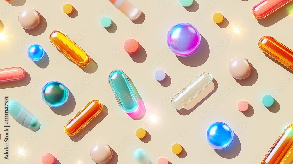 Colorful capsules and pills on pastel background: vibrant health concept Colorful capsules and pills on pastel background: vibrant health concept
