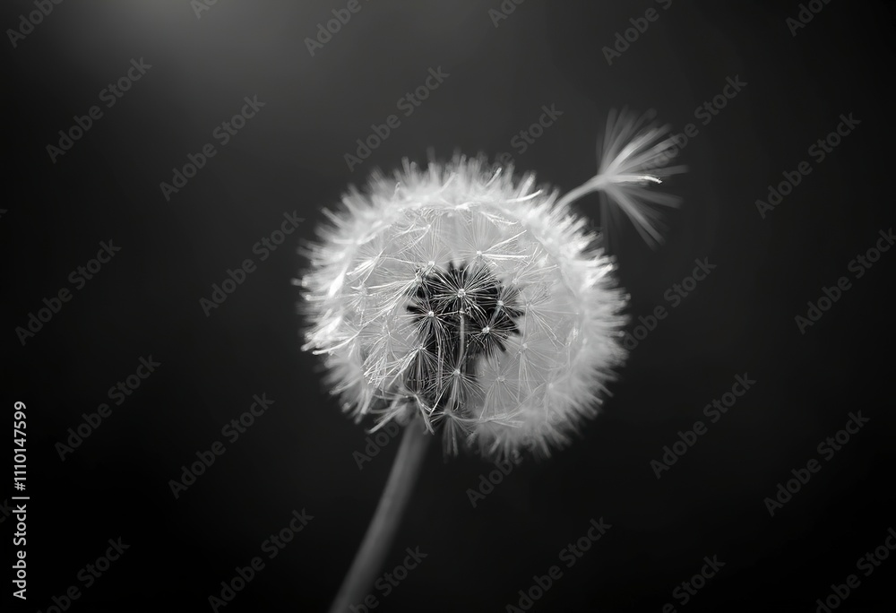 A close-up black and white image of a dandelion seed head with its delicate feathery filaments blowing in the wind against a dark background A close-up black and white image of a dandelion seed head with its delicate feathery filaments blowing in the wind against a dark background