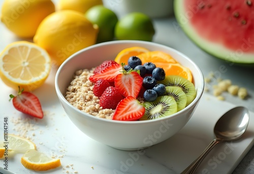 A bowl of oatmeal topped with fresh fruits including strawberries, blueberries, kiwi, and orange slices