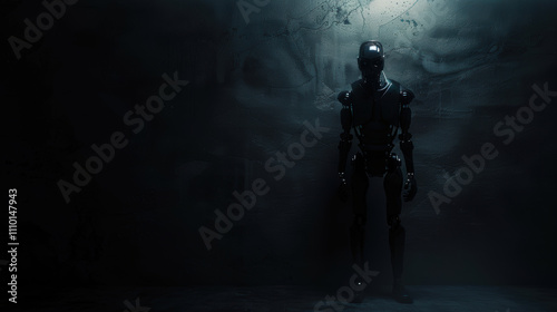 Sinister android lurking in the shadows, copy space