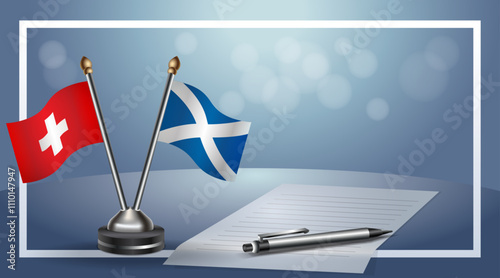 Switzerland and Scotland Small national flag on bokeh background, cooperative relationship