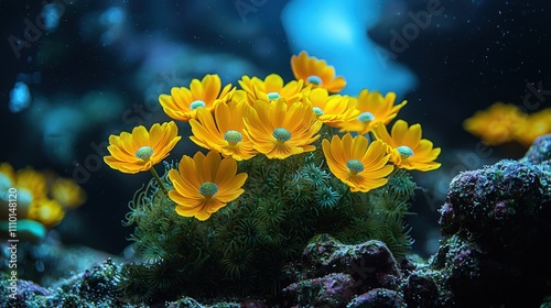 Vibrant yellow daisies blooming underwater in lush marine environment photo