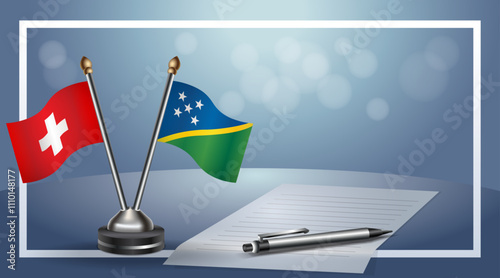 Switzerland and Solomon Islands Small national flag on bokeh background, cooperative relationship