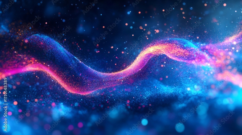 An abstract particle wave with bright neon points, curving in dynamic motion across a deep blue digital background An abstract particle wave with bright neon points, curving in dynamic motion across a deep blue digital background