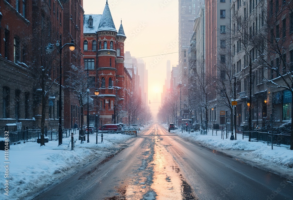 A snowy street in a city with tall buildings, including a distinctive red brick building with a turret A snowy street in a city with tall buildings, including a distinctive red brick building with a turret