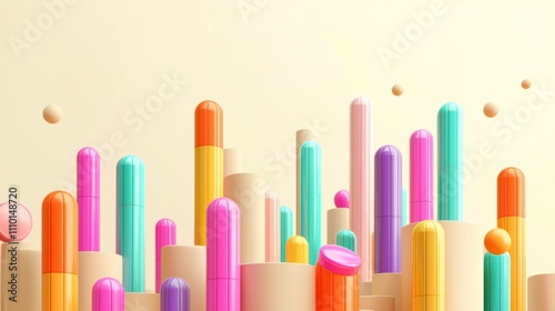 Colorful cylindrical shapes on beige background with floating spheres