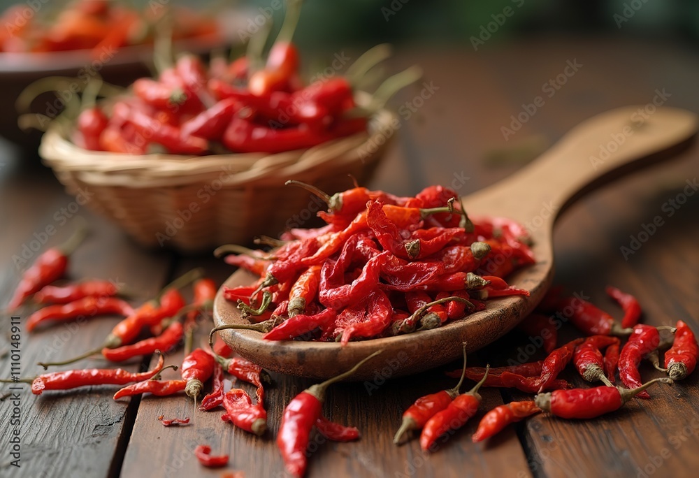 Dried red chili peppers on a wooden spoon, with a background of more dried chili peppers Dried red chili peppers on a wooden spoon, with a background of more dried chili peppers