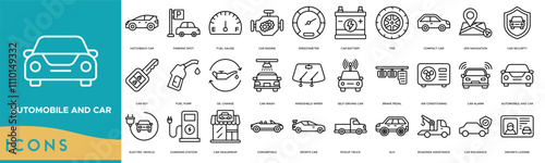 Automobile and Car icon. Hatchback Car, Parking Spot, Fuel Gauge, Car Engine and Speedometer
