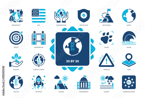 30 by 30 icon set. Conservation, Ecology, Nature, Cooperation, Target, Initiative, Climate Change, Government. Duotone color solid icons