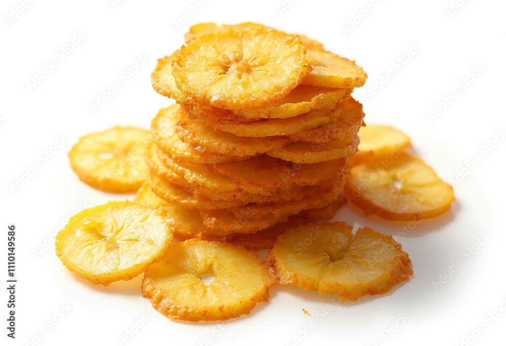 Stacks of golden brown fried plantain slices on a white background Stacks of golden brown fried plantain slices on a white background