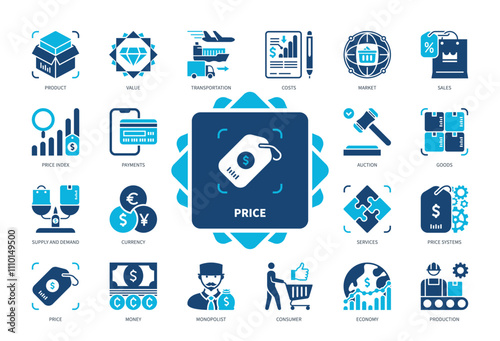 Price icon set. Currency, Services, Product, Costs, Sales, Supply and Demand, Market, Value. Duotone color solid icons