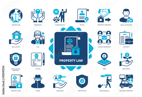 Property Law icon set. Jurisdiction, Leasehold, Real Estate, Ownership, Contract, Fraud, Personal Property, Law. Duotone color solid icons