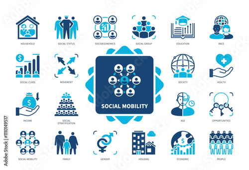 Social Mobility icon set. Socioeconomics, Household, Housing, Family, Age, Gender, Race, Movement. Duotone color solid icons