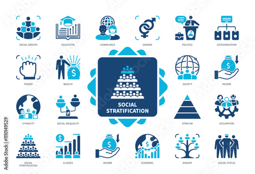 Social Stratification icon set. Gender, Human Race, Wealth, Classes, Income, Kinship, Social Inequality, Stratum. Duotone color solid icons