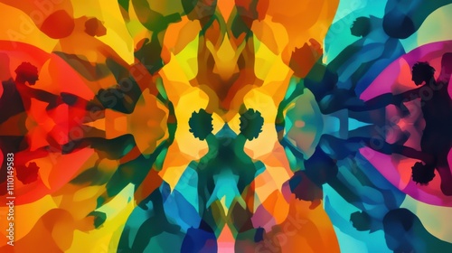A multi-colored kaleidoscope with abstract human figures reflected within, Representing the ever-changing nature of diversity and inclusion, minimalist style