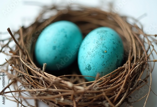 Two turquoise blue eggs in a nest made of twigs and straw