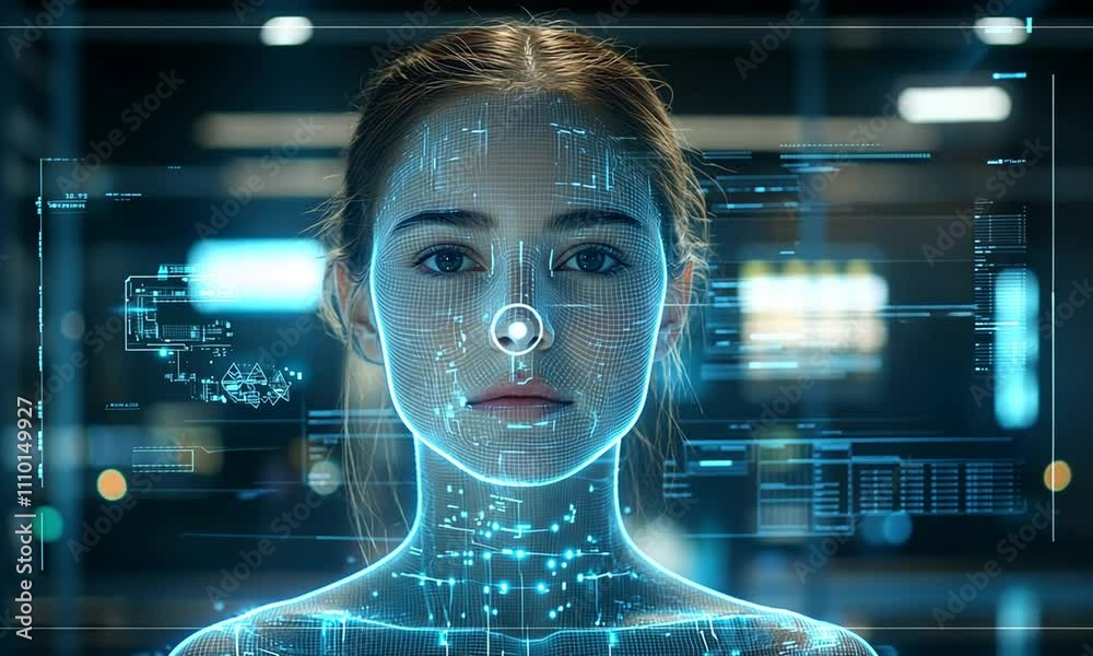 Futuristic Portrait of a Young Woman with a Digital Interface and Holographic Graphics