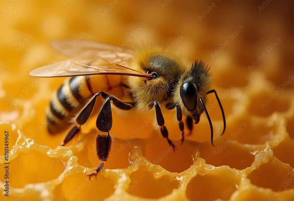 A close-up view of a bee on a honeycomb, showing the intricate hexagonal structure and the bee's fuzzy body A close-up view of a bee on a honeycomb, showing the intricate hexagonal structure and the bee's fuzzy body