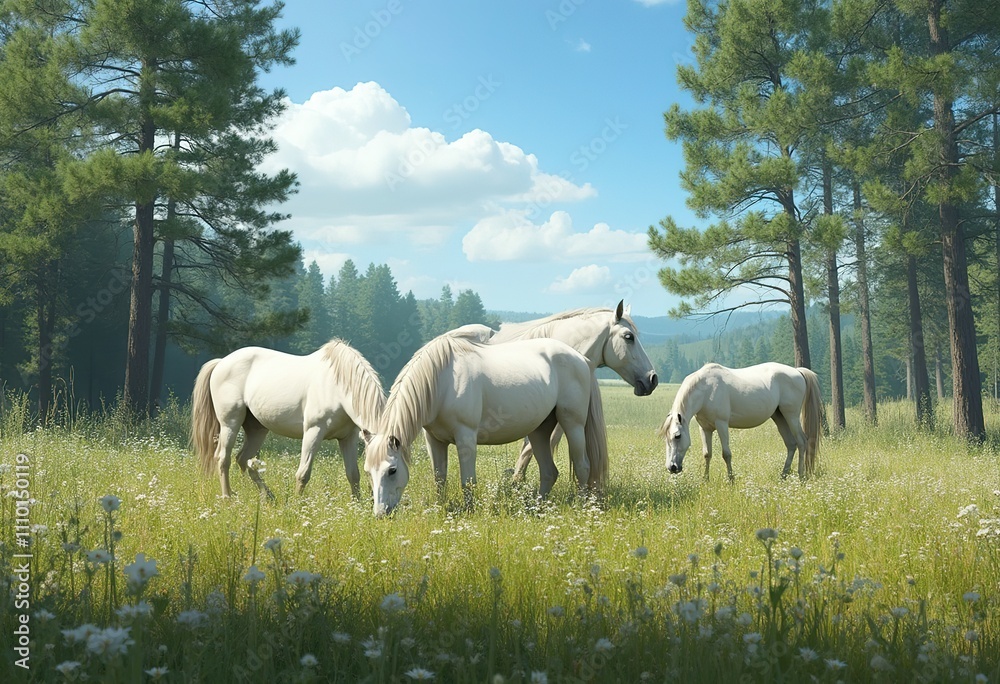A herd of white horses grazing in a lush green meadow surrounded by tall pine trees under a blue sky with fluffy white clouds A herd of white horses grazing in a lush green meadow surrounded by tall pine trees under a blue sky with fluffy white clouds