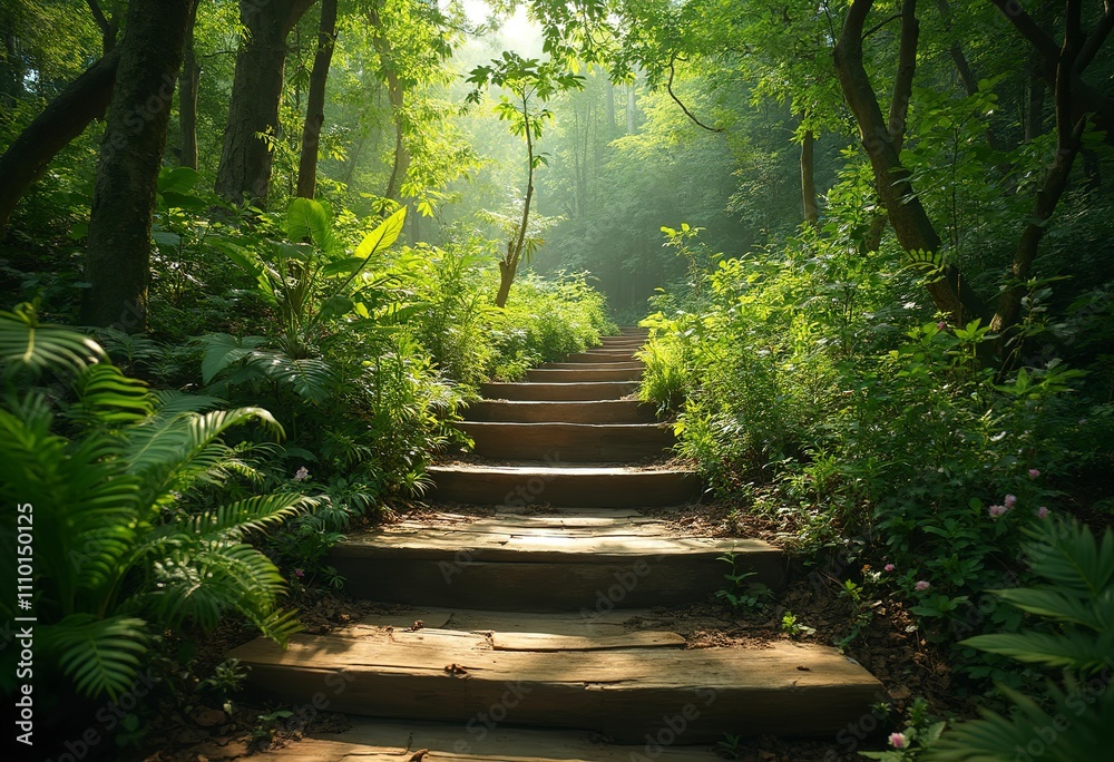 A long wooden staircase leading through a lush, green forest environment A long wooden staircase leading through a lush, green forest environment